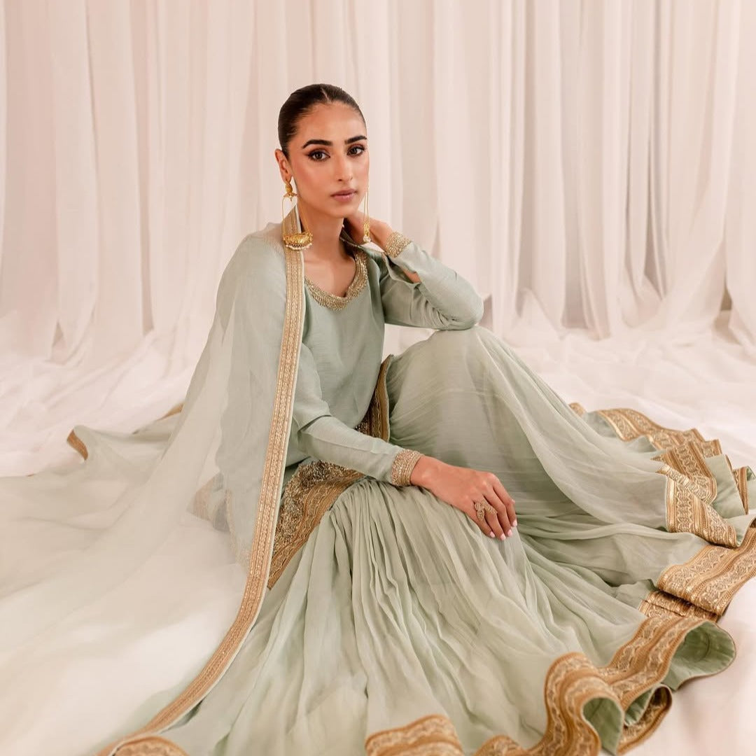 PASTEL GREEN ZARDOZI VELVET SILK GHARARA SET