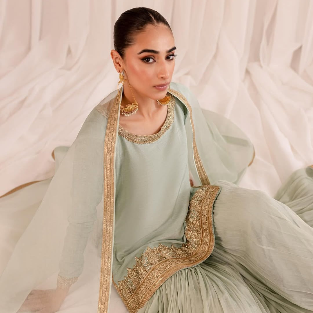PASTEL GREEN ZARDOZI VELVET SILK GHARARA SET