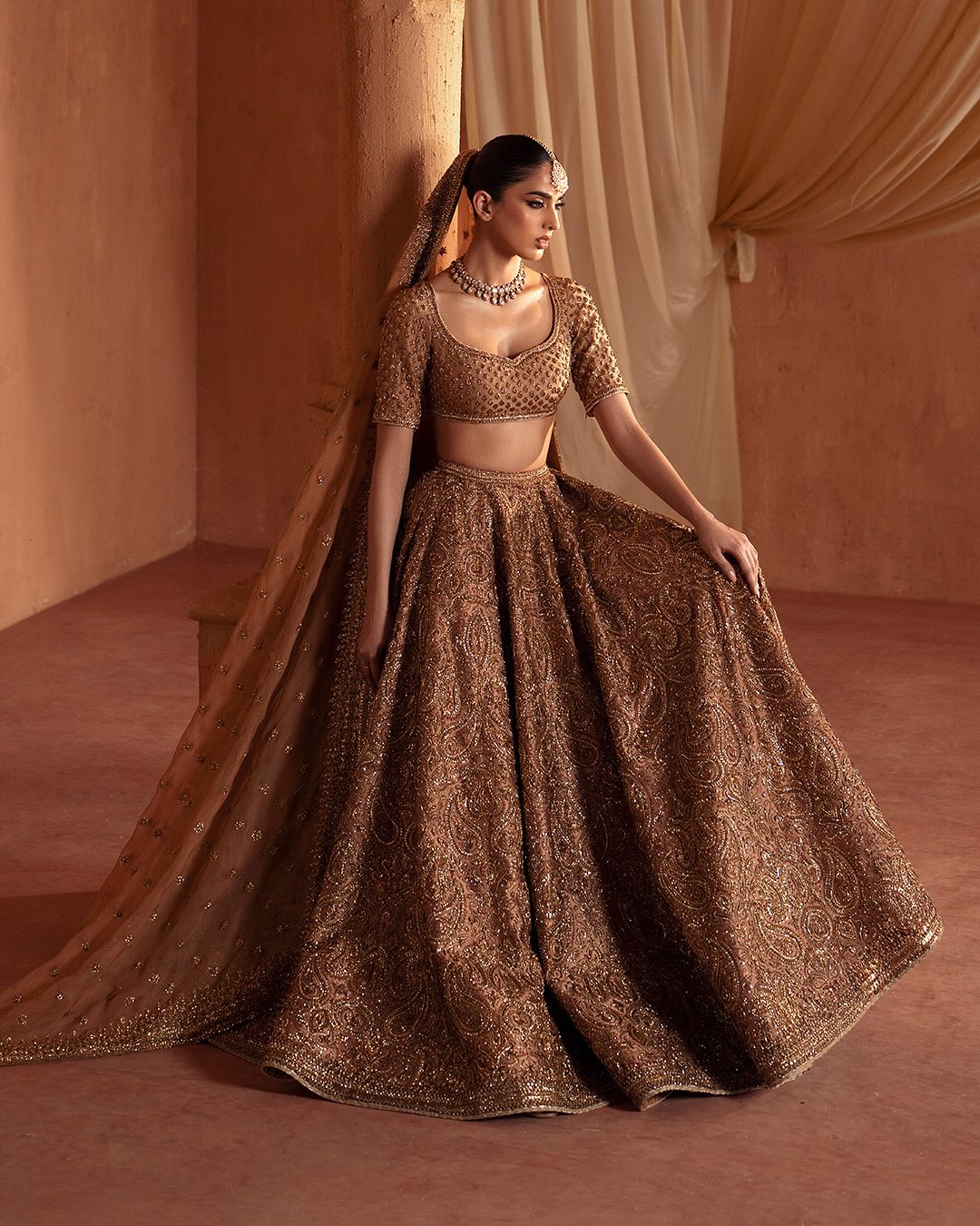 COFFEE BROWN RAW SILK AND SATIN SILK BRIDAL LEHENGA