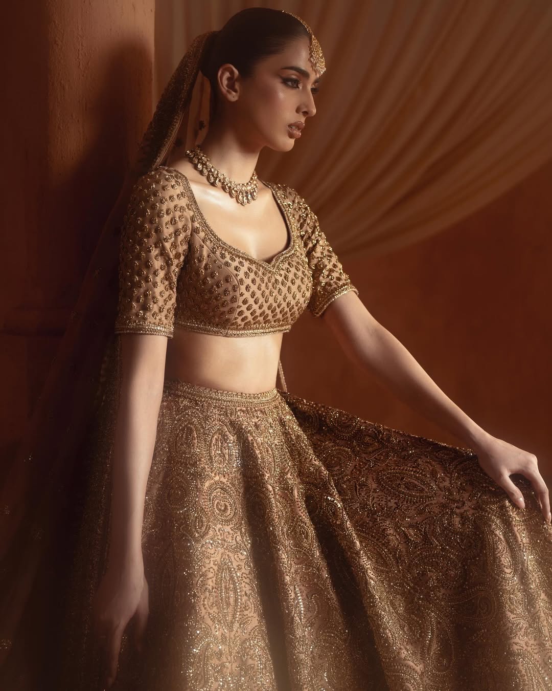 COFFEE BROWN RAW SILK AND SATIN SILK BRIDAL LEHENGA
