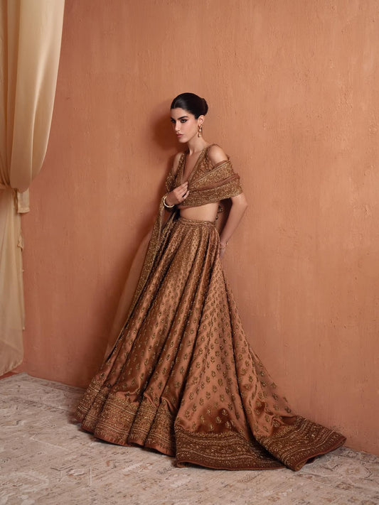 COFFEE BROWN V NECK BRIDAL LEHENGA