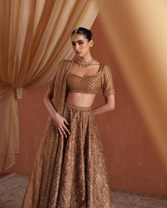 COFFEE BROWN RAW SILK AND SATIN SILK BRIDAL LEHENGA