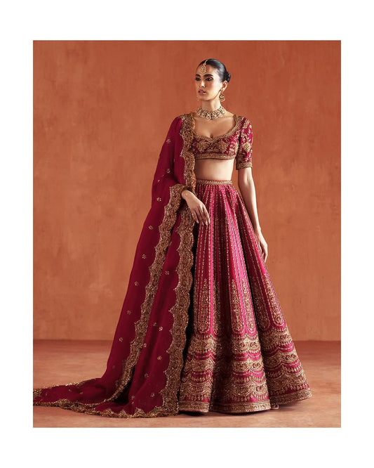 CHERRY RED BRIDAL LEHENGA WITH NAQSHI EMBROIDERY