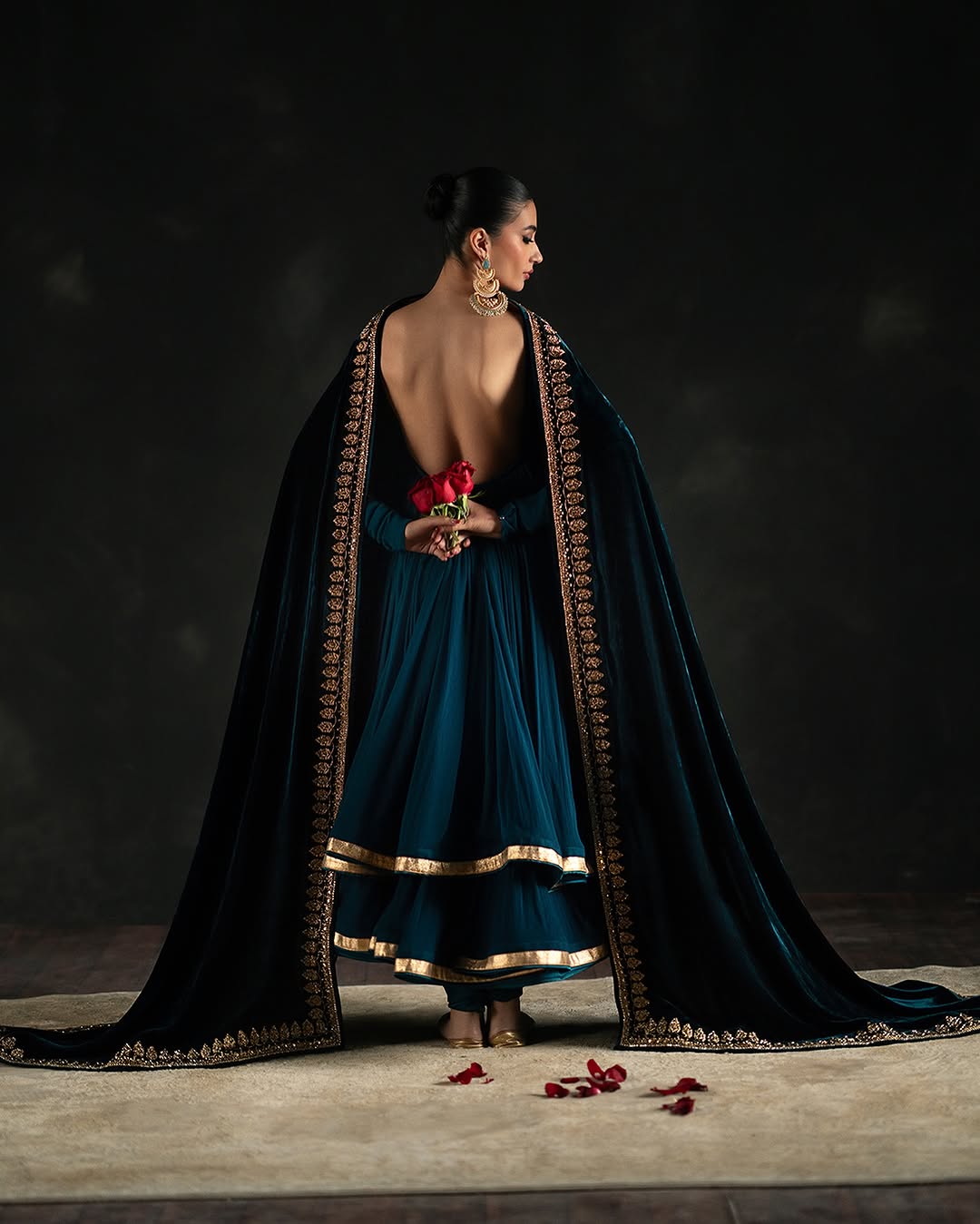EMBROIDERED BLUE ANARKALI IN CHIFFON WITH VELVET DUPATTA
