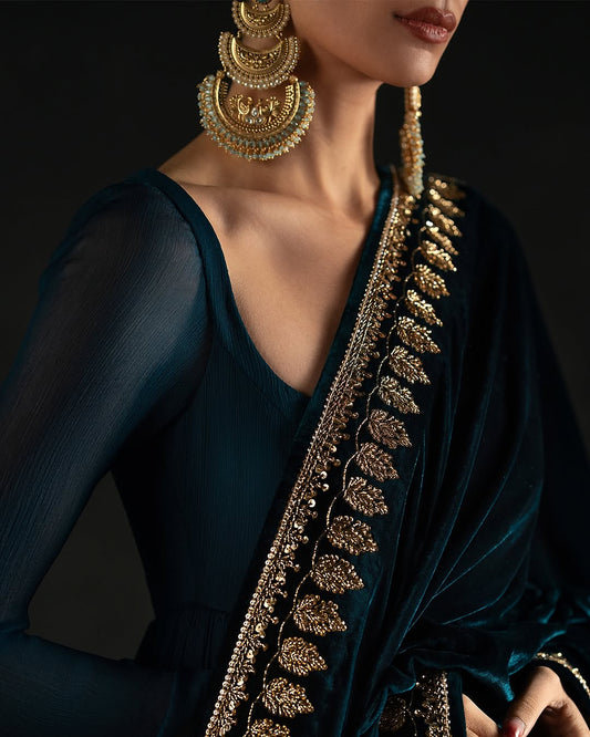 EMBROIDERED BLUE ANARKALI IN CHIFFON WITH VELVET DUPATTA