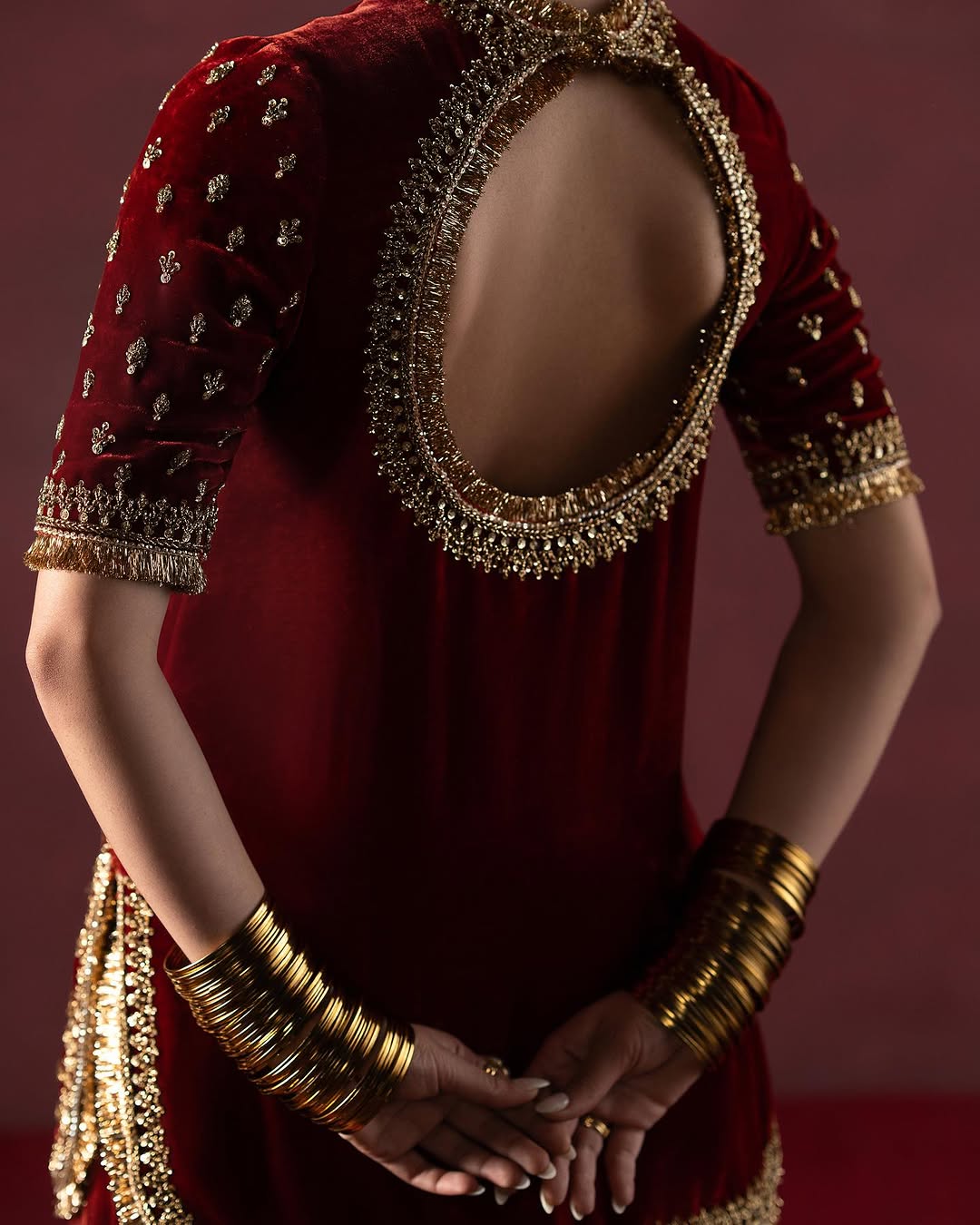 RED AND GOLD EMBROIDERED VELVET SHARARA