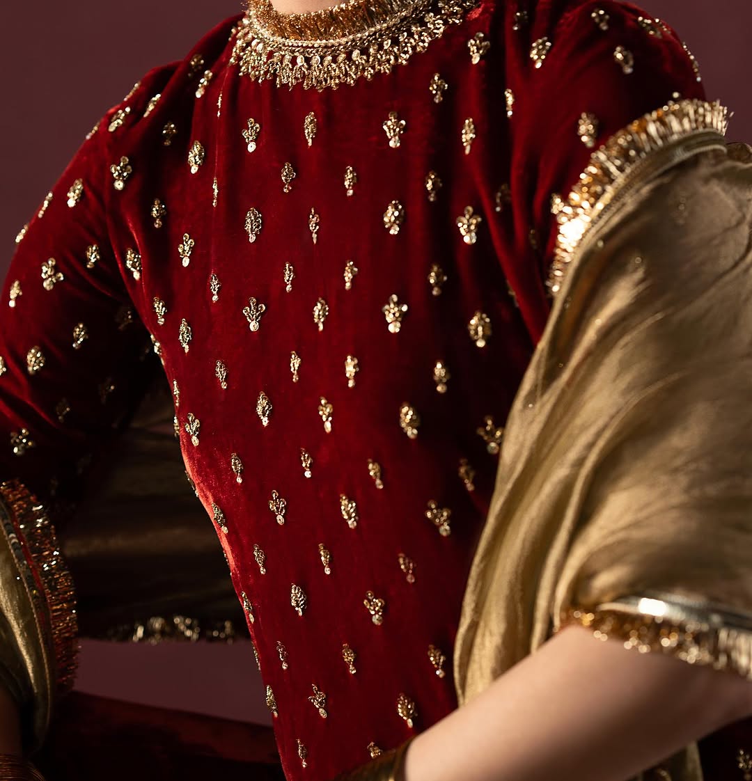 RED AND GOLD EMBROIDERED VELVET SHARARA