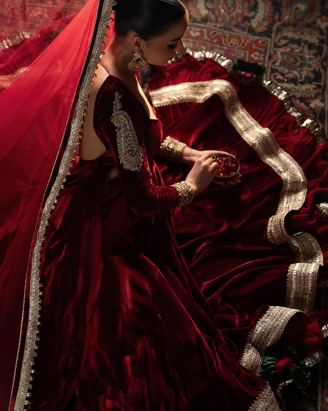 RED EMBROIDERED VELVET ANARKALI