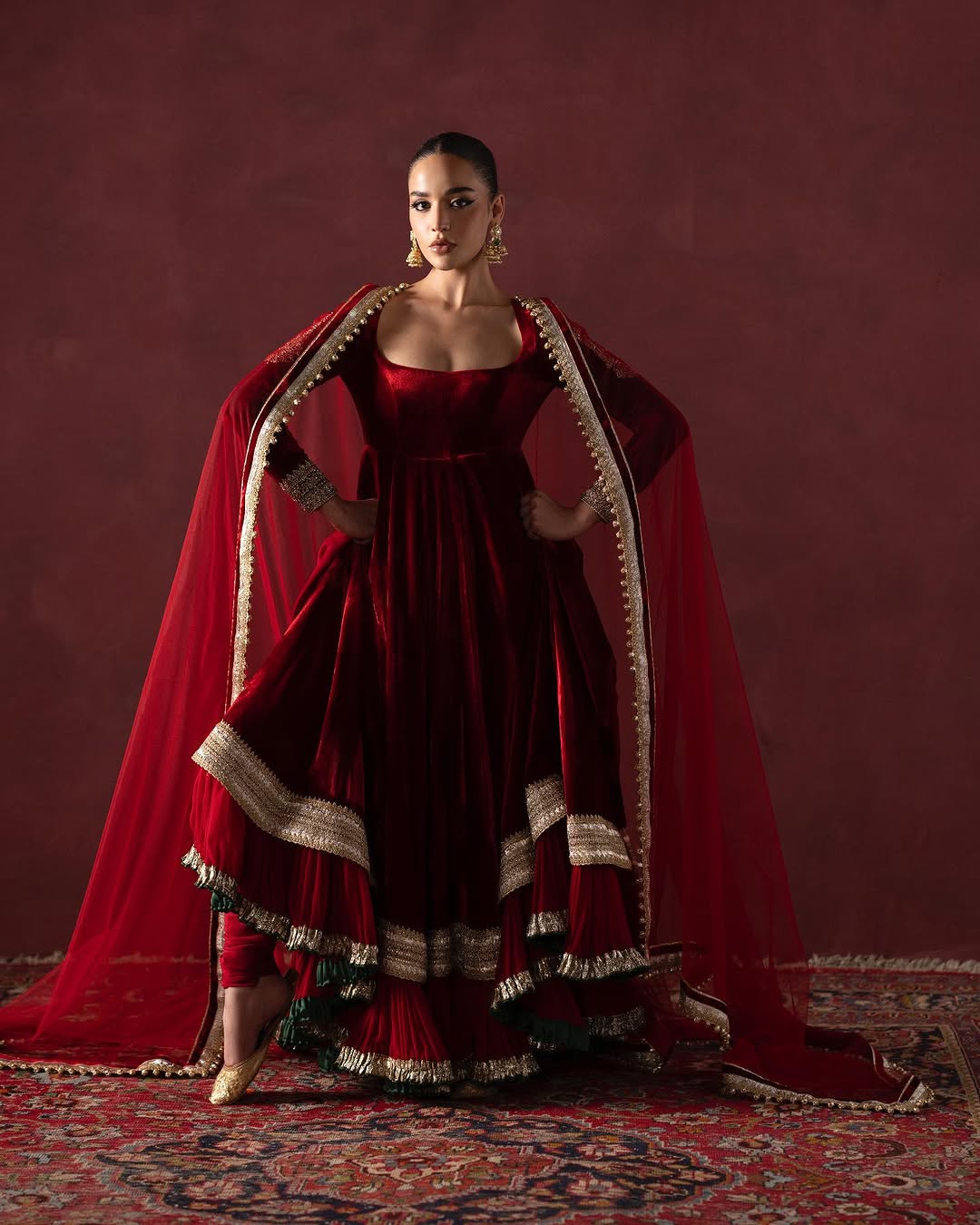 RED EMBROIDERED VELVET ANARKALI