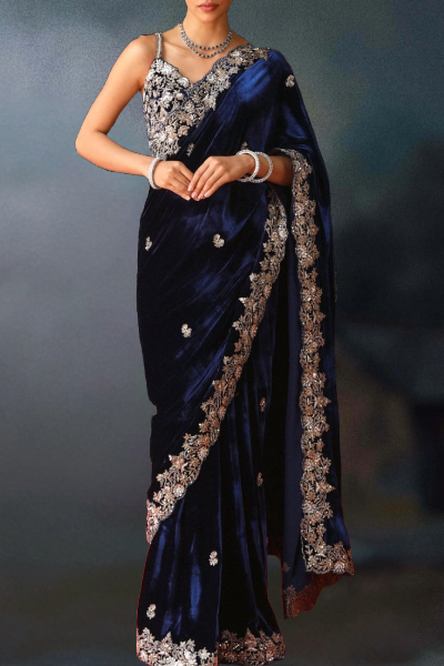 VELVET BLUE ZARDOZI SARI