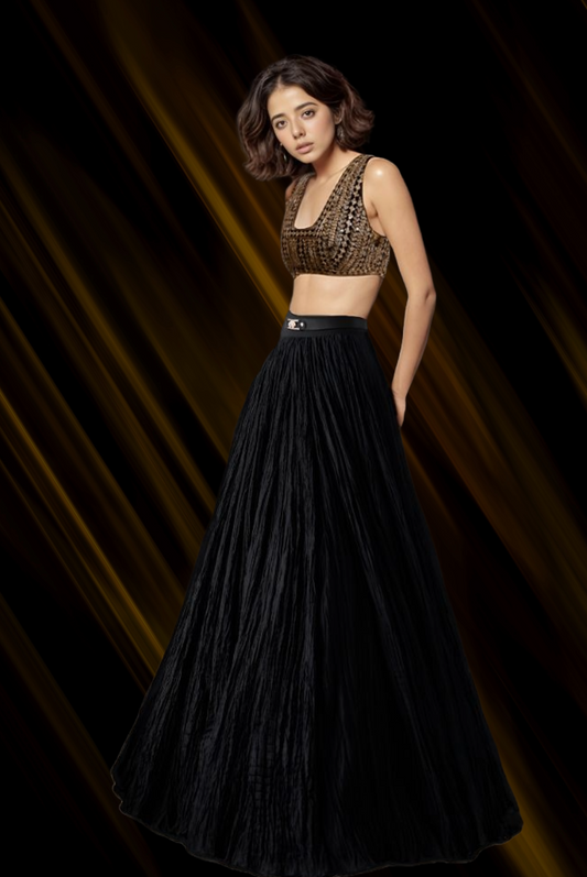 GOLD AND BLACK CRUSHED SILK SKIRT SET