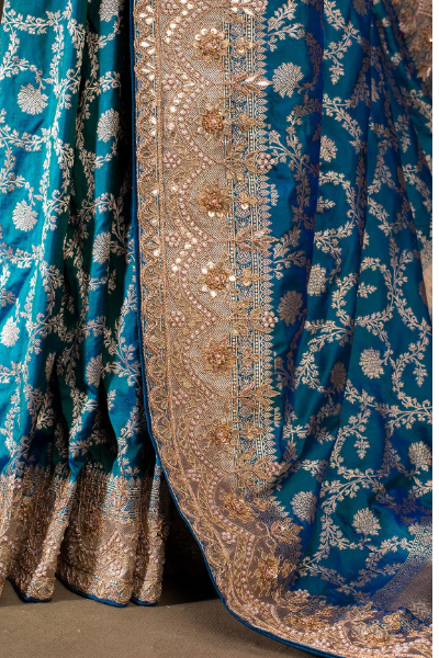 TEAL BLUE EMBROIDERED BANARASI SILK SARI