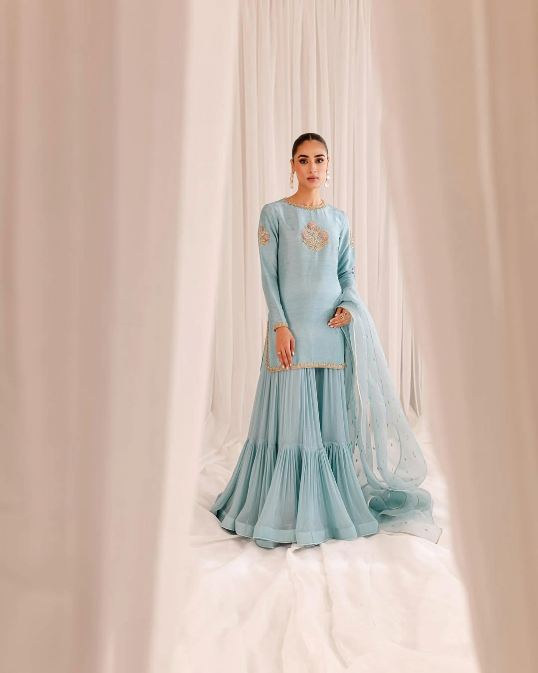 SKY BLUE ZARDOZI SILK GHARARA SET