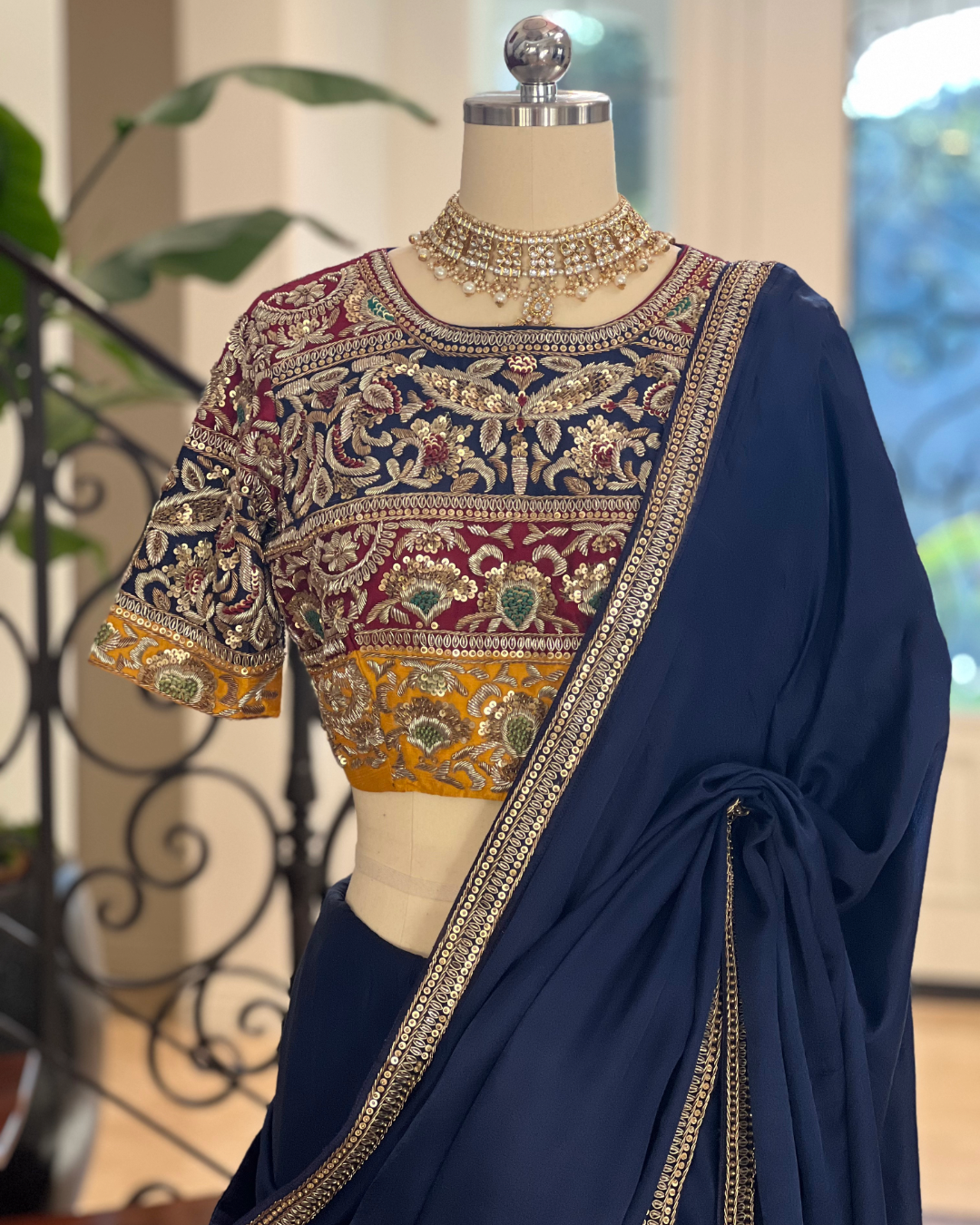 HAND CRAFTED MODERN ZARDOZI & TILLA EMBROIDERD  MULTI COLOR BLOUSE & SARI