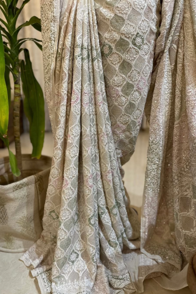 HANDWOVEN HANDCRAFTED FULL JAL CHIKANKARI SARI IN EKTAAR EMBROIDERY