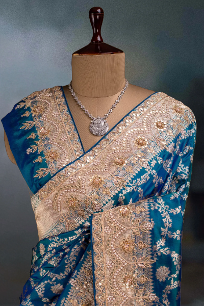 TEAL BLUE EMBROIDERED BANARASI SILK SARI