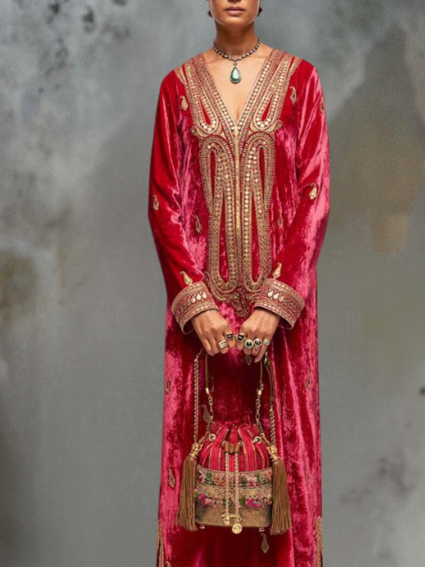 PINK EMBROIDERED VELVET KAFTAN GOWN