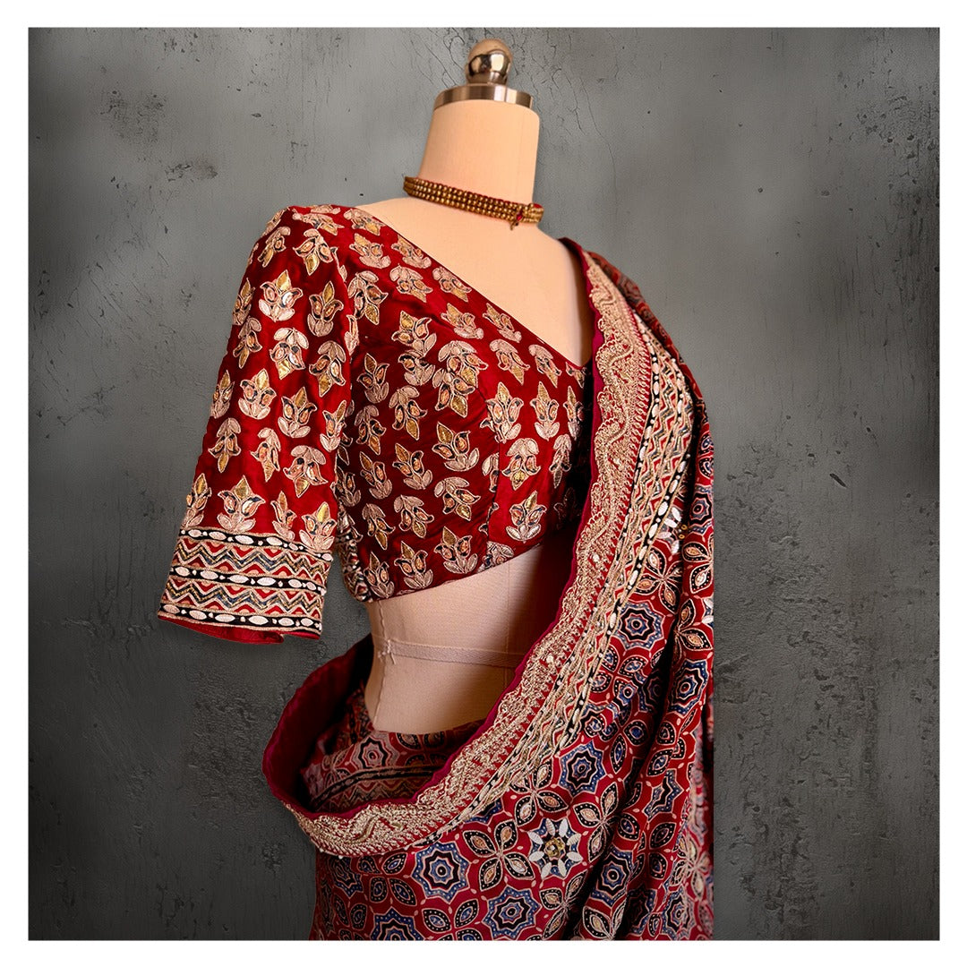 RED AJRAKH EMBROIDERED GOTAPATTI SARI