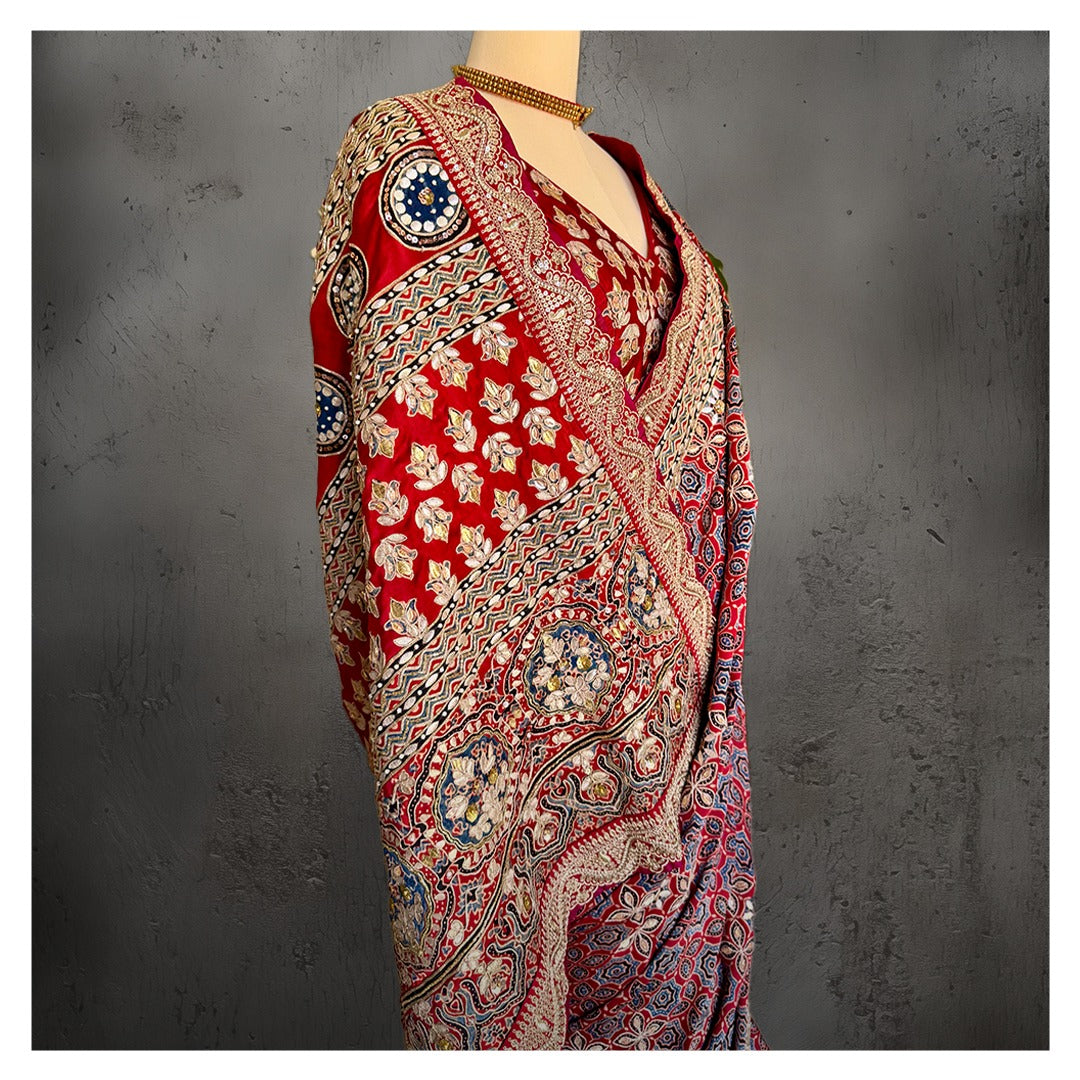 RED AJRAKH EMBROIDERED GOTAPATTI SARI