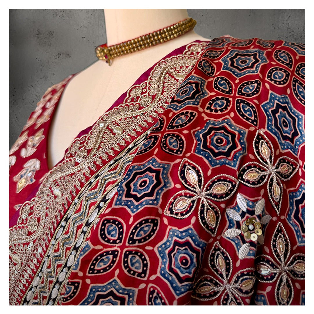RED AJRAKH EMBROIDERED GOTAPATTI SARI