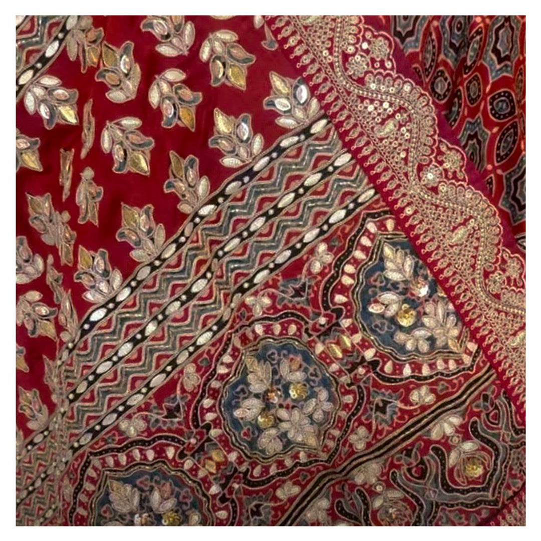 RED AJRAKH EMBROIDERED GOTAPATTI SARI